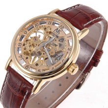 â˜… Ak-homme â˜… Skeleton Brown Leather Mens Luxury Mechanical Wrist Watch Ak137