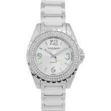 Akribos Ladies Crystal Snow White Ceramic Silver Tone Quartz Watch Msr