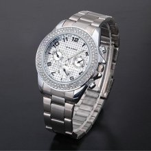 Amazing Fashion Mens Crystal Case Stainless Steel Band Quartz Wrist Watch