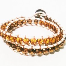 Amber and Gold Swarovsky Crystal Leather Wrap Bracelet