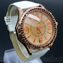 Analog Round Dial Ladies Girls Crystal Leather Band Quartz Wrist Watch Gifts Us