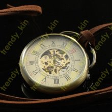 Antique Brass Skeleton Face Hand-winding Mechanical Pocket Watch Leather Cord