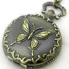 Antique Bronze Butterfly Quartz Pocket Watch Necklace Pendant Mens Gift P119