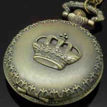 Antique Bronze Royal Imperial Crown Pocket Watch Pendant Necklace Mens Gift P29