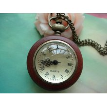 Antique Bronze Vintage Filigree Dark Red Logs Wood Edge Transparent Round Neo Crystal Balls Pocket Watch Locket Pendants Necklaces