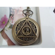 Antique pocket watch sweater chain necklace Court style hollow pattern Harry Potter and the Deathly Hallows Gold dial bronze jewelry