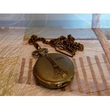 Antiqued Brass Paris Effiel Tower Pocket Watch with Chain and Clip