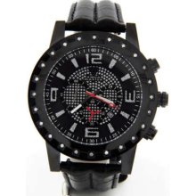 Aqua Master Mens Black Chrono Dial Black Leather Quartz Diamond Watch W138-6