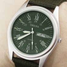 Army Green Fashion Fabric Band Mens Wrist Watch Day & Date Quartz Gift