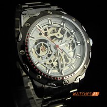 Automatic Mechanical Black Alloy Skeleton Self-winding Men Cuff Wrist Watch