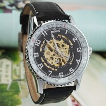 Automatic Mechanical Mens Leather Belt Wrist Watch Skeleton Case Fashion Numbers