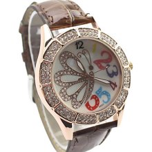 Band Women's Leather Analog Quartz Wrist Watch With Butterfly Pattern