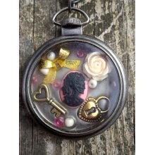 Beautiful Steampunk/Rocco/Lolita/ Romantic Gothic Skeleton woman Cameo pocket watch necklace. Skeleton Cameo Pocket watch necklace.