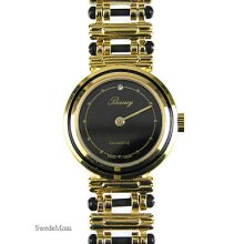 BERNEY Black & Gold Overlay Bracelet WATCH Swiss Made