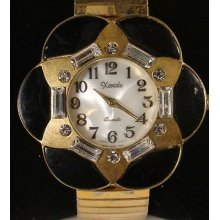 Big Flower Bezel Gold Tone Rhinestone Easy Read Flex Bnd Ladies Watch Works (r1)