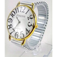 Big Number Jumbo Gold Round White Stretch Band Bracelet Watch