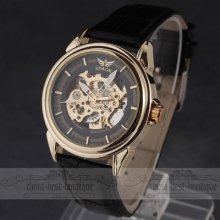 Big Sales Skeleton Golden Case Men Auto-mechanical Pu Leather Clock Wrist Watch