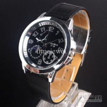 Black Dial And Leather Band Quartz Watch Multi-dial Decor N0332