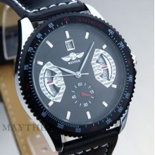 Black Dial Elegant Men's Automatic Mechanical Analog Leather Wrist Watch