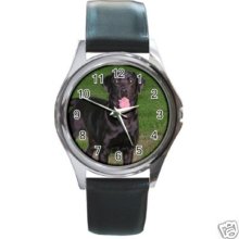 Black Labrador Retriever Dog Round Leather Band Watch