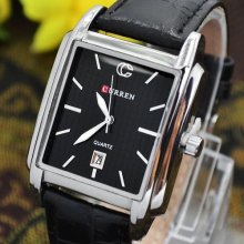 Black Leather Quartz Time Date Display Business Watch Men Wristwatch Square