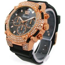 Black Rose/gold Geneva Bling Bling Case Hard Rubber Strap Watch