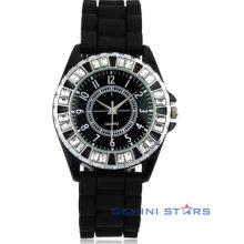 Black Silicone Jelly Unisex Style Crystal Men Lady Sport Qaurtz Wrist Watch