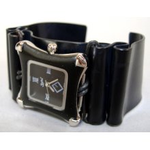 Black Silver Square Faced Wristwatch Unisex Aluminum Band Cuff Watch