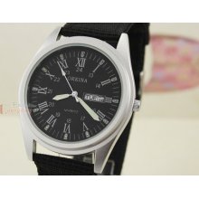 Black Style Fabric Strap Mens Women Quartz Wrist Watch Date Week Cool