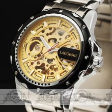 Blk Coat Bezel+ Luxury Skeleton Dial Men Auto Mechanical Wrist Watch Analog