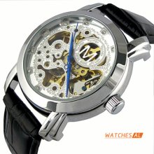 Blue Hand Hollow Transparent Skeleton Automatic Mechanical Leather Wrist Watch