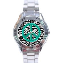 Blue Peace Sign Zebra Stripe Stainless Steel Analogue Watch