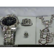 Bnib Geneva Hip Hop 'g' Silver Watch Set W/rare Black Dial.watch,ring, Bracelet.