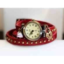 BOTTOM of MY HEART,Heart,Pink Flower,Red,wrist watch,wrapwatch,antique style watch,stitched,leather watch