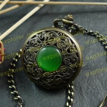 Brass Engraved Green Stone Cover Case Roman Dial Hand Winding Pocket Watch Chain