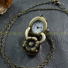 Brass Tone Fancy Lady Slipper Shape Charms Necklace Quartz Pocket Watch Gifts