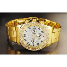 Bright 3-deco Crystals Dial Fashion Mens Watch Quartz Golden Stainless/s Noble