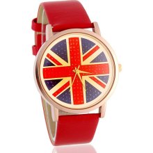 British Flag Pattern Round Dial Analog Watch with Faux Leather Strap