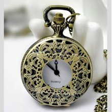 Bronze Retro Carving Leaves Butterfly Quartz Pocket Watch Sweater Necklace Aaaa