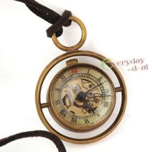 Bronze Tone Glass Spherical Mechanical Wind Up Pocket Watch Skeleton Pendant