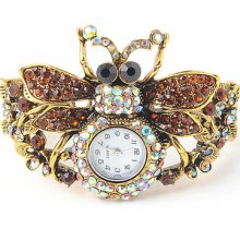 Brown Crystal Animal Bee Cuff Watch Bracelets Bangles Antique Bronze Plated