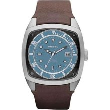 Brown / Stainless Steel Diesel Square Case Blue Dial Watch - Jewelry