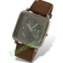 Brown Wide Leather Band Square Iron Men's WristWatch + Flying Chinese Dragon Dial