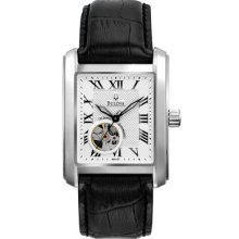 Bulova Automatic Open Heart Rectangular Watch On Black Leather 96a127