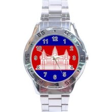 Cambodia Flag Stainless Steel Analogue Watch Cambodian