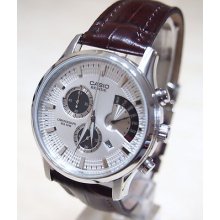 Casio White Beside Chronograph Watch Leather Bem-501l-7 Original Watch