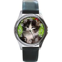 Cat KittenUnisex Silver-Tone Round Metal Watch 05