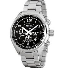 Ch2800 Fossil Men Black Chrono Dial Stainless Silver Band Watch