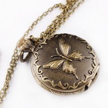 charm lady retro large butterfly pocket watch necklace chain round copper good - Beige - Metal