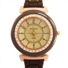 Chic Rhinestone Quartz Silicone Ladies Women Wrist Watch Brown Strap Round